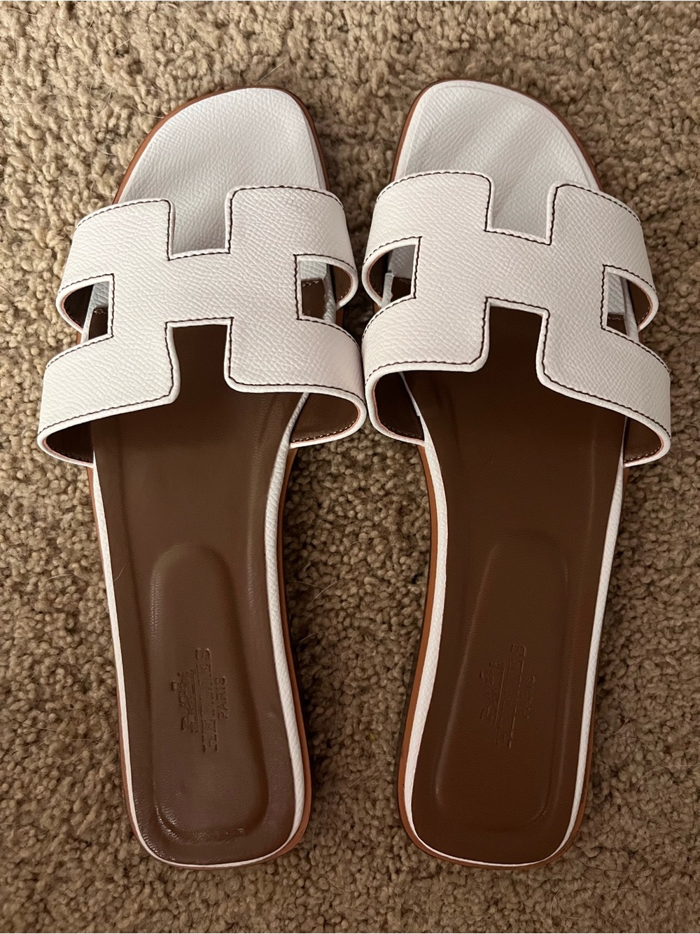 Hermes White Leather H-Strap Slide Sandals with Brown Footbed